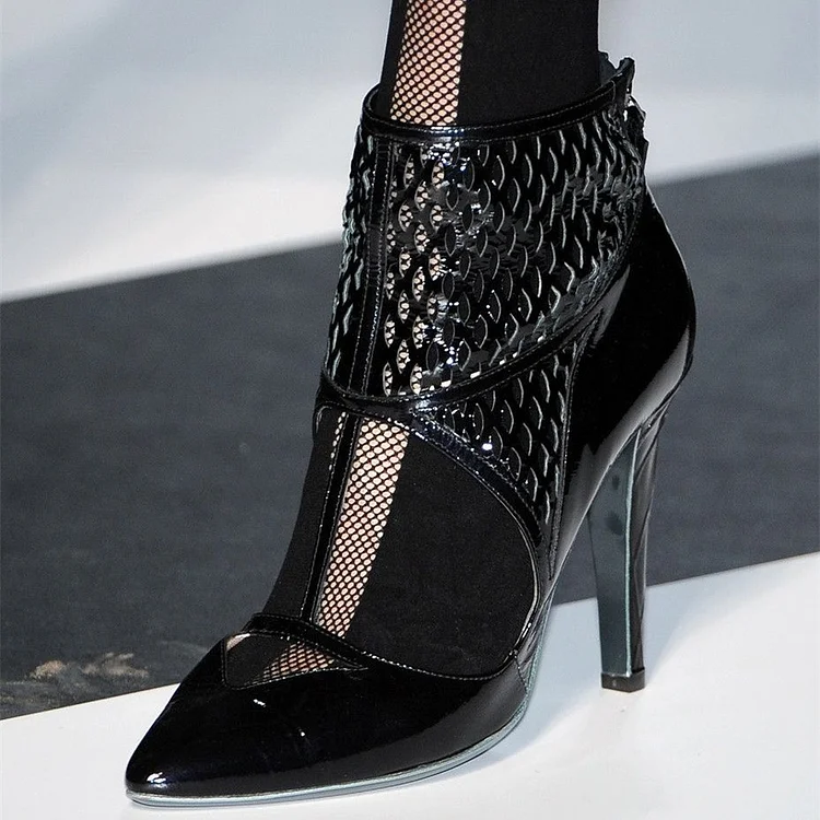 Black Patent Leather Ankle Boots Pointy Toe Nets Summer Boots |FSJ Shoes