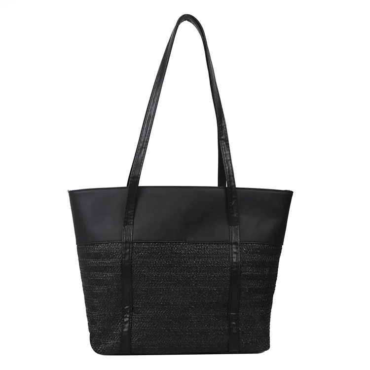 Women Shoulder Bag Fashion Woven Shopper Bag PU Stitching Beach Bag (Black)