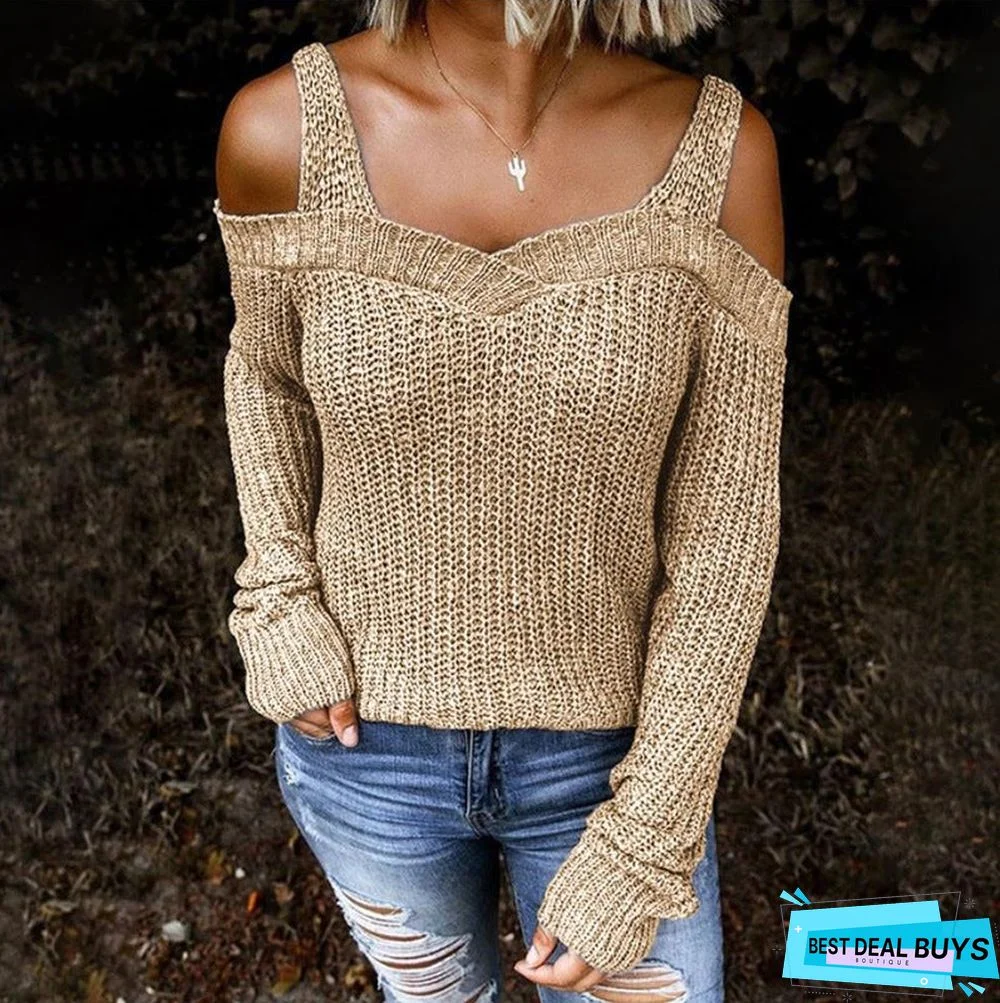 Sexy Strapless Solid Color Casual Long Sleeve Sweater