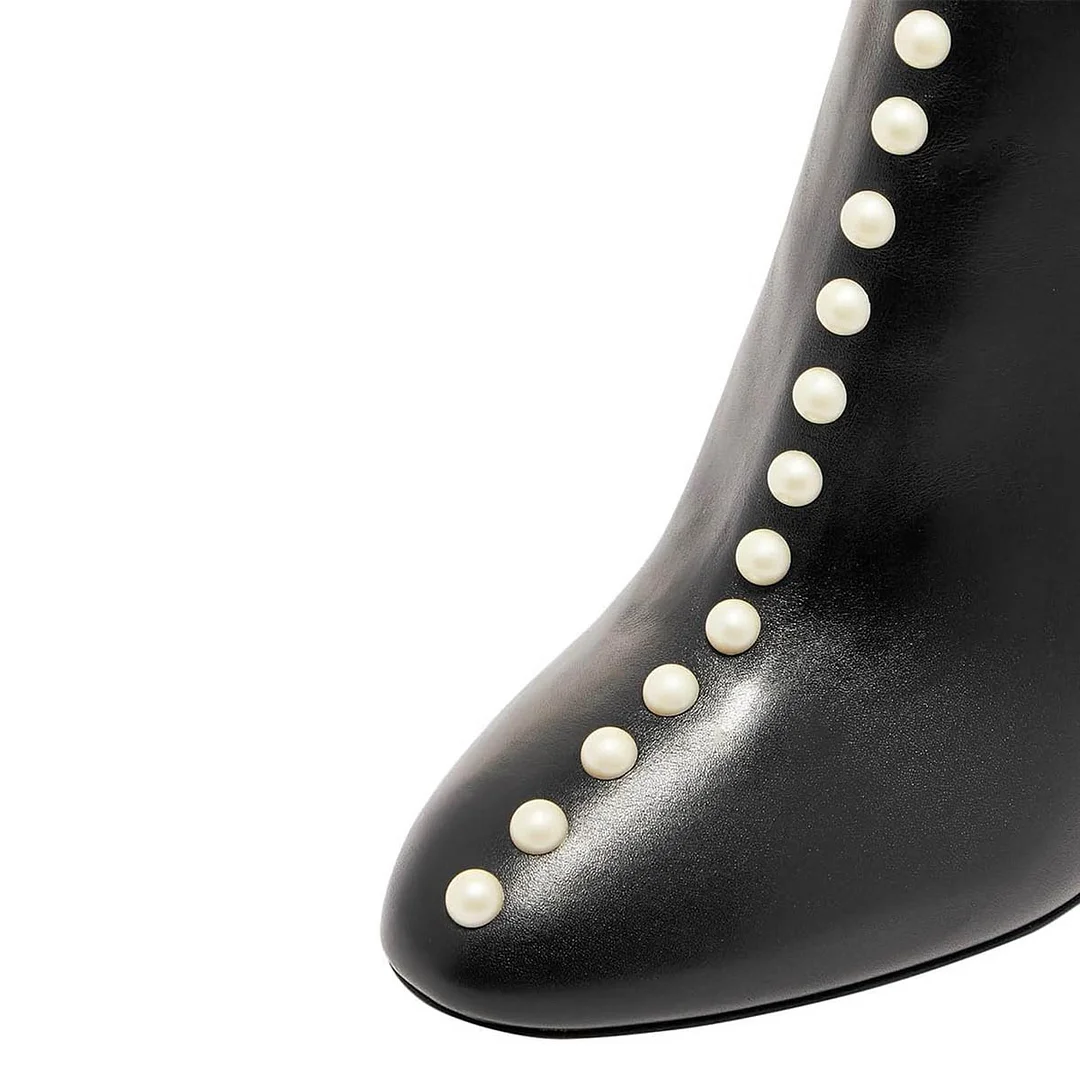 Black Vegan Leather Pointed Toe Pearl Embellished Heel Ankle Boots