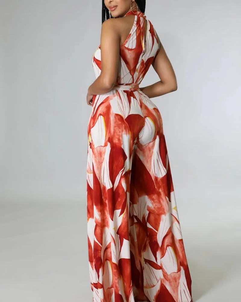 Hanging Neck Off Shoulder Wide Leg Printed Women's Jumpsuit