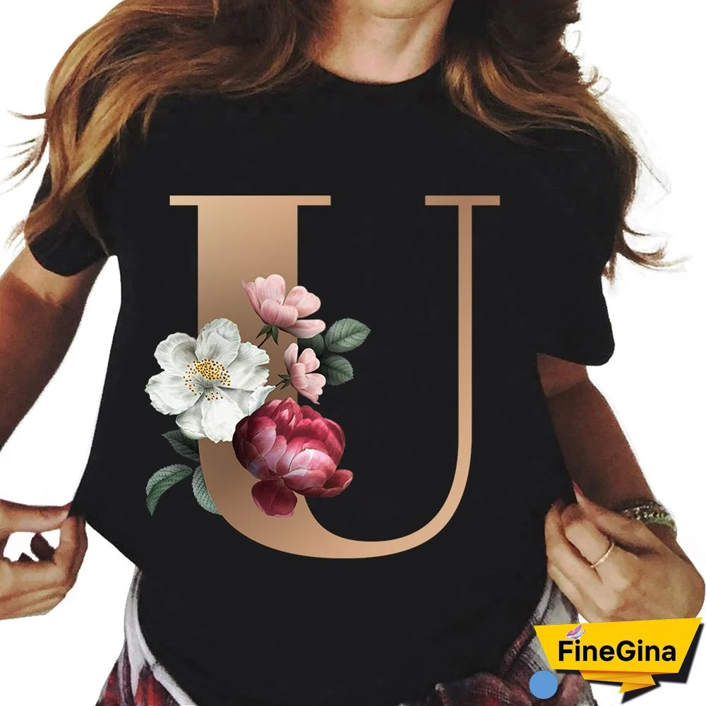 Custom Name Letter Combination T-shirt 26 FloralAlphabetFontClassicTShirt Fashion Harajuku Kawaii TShirt Women Top Tees