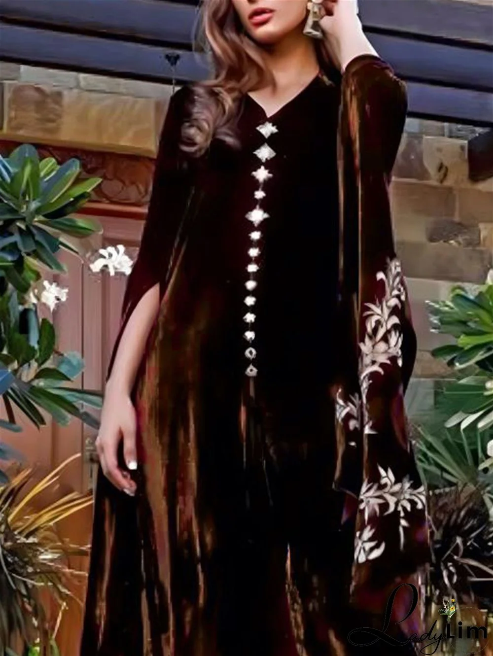 Elegant Floral V Neck Purple Velvet Midi Dress