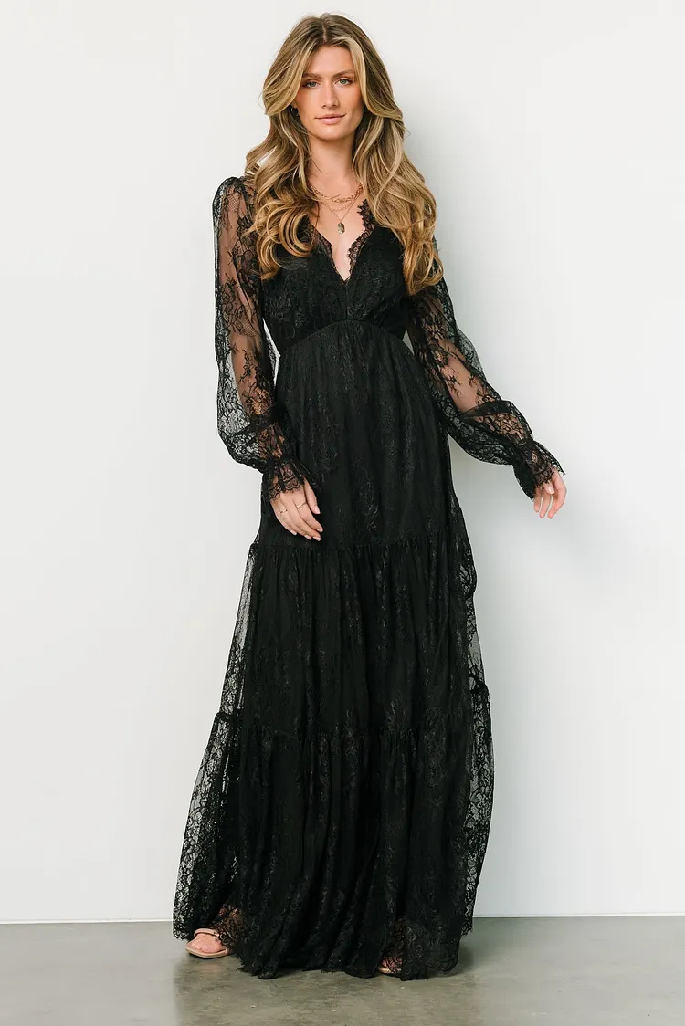 Lace Floral Maxi Dress - Black