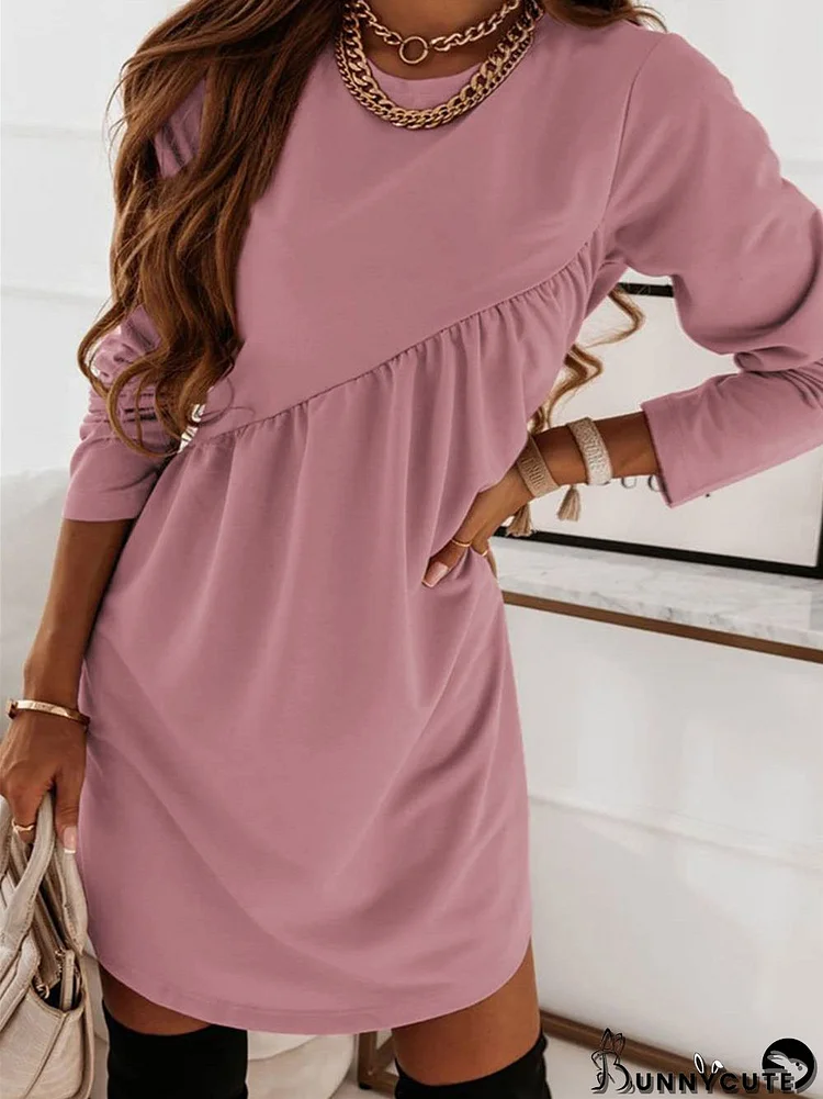 Women's Long Sleeve Scoop Neck Pure Color Midi Dress