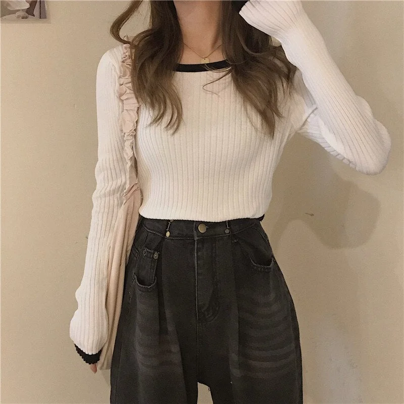 Sweater Pullovers Womens Autumn Simple Knitwear Slim O-neck Long Sleeve Trendy Patchwork All-match Leisure Female Tops Clothes