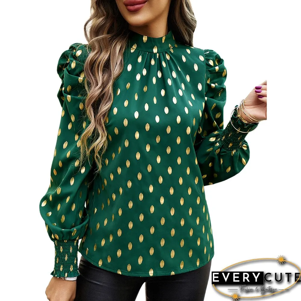 Green Polka Dot Pleated Cuffs Long Sleeve Tops
