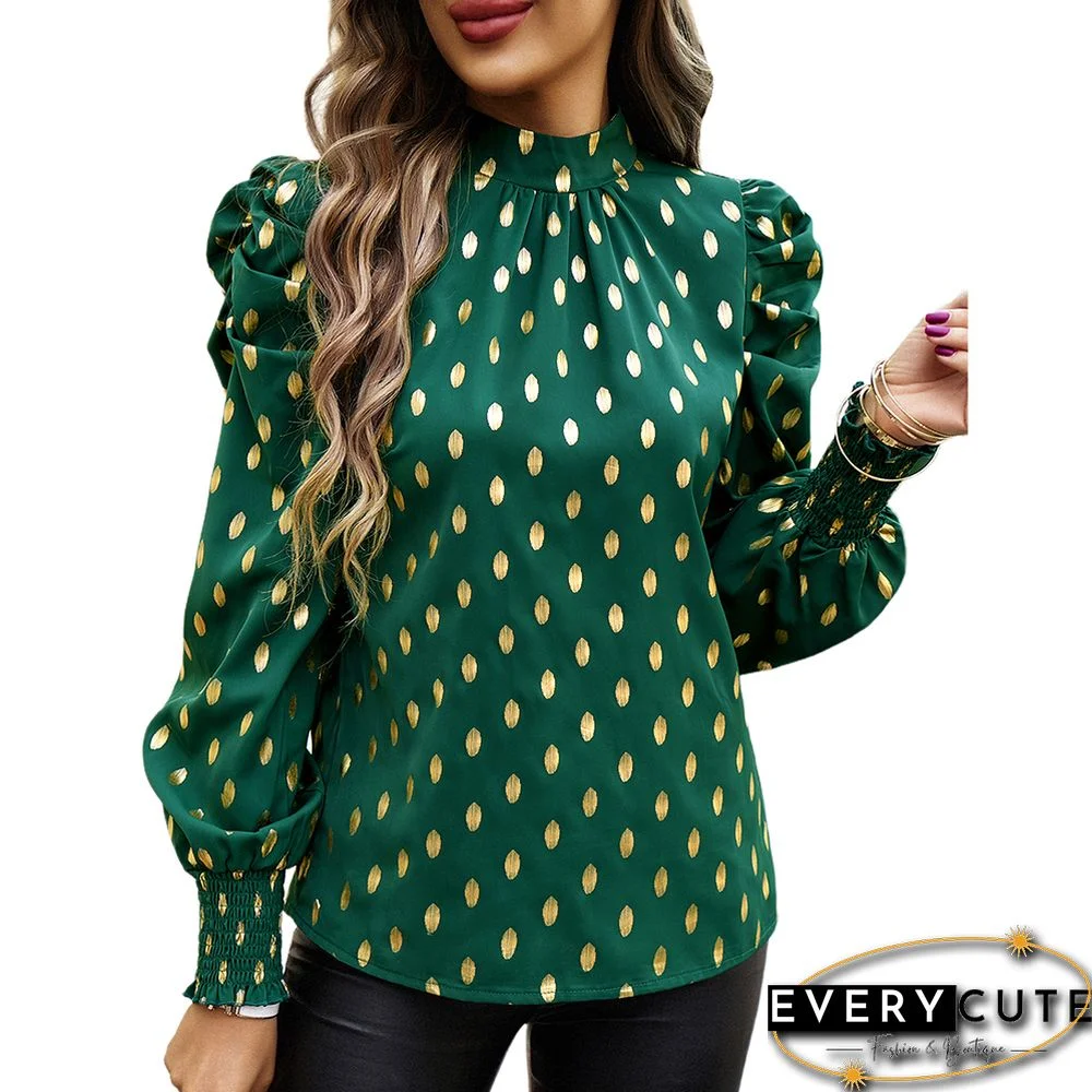 Green Polka Dot Pleated Cuffs Long Sleeve Tops