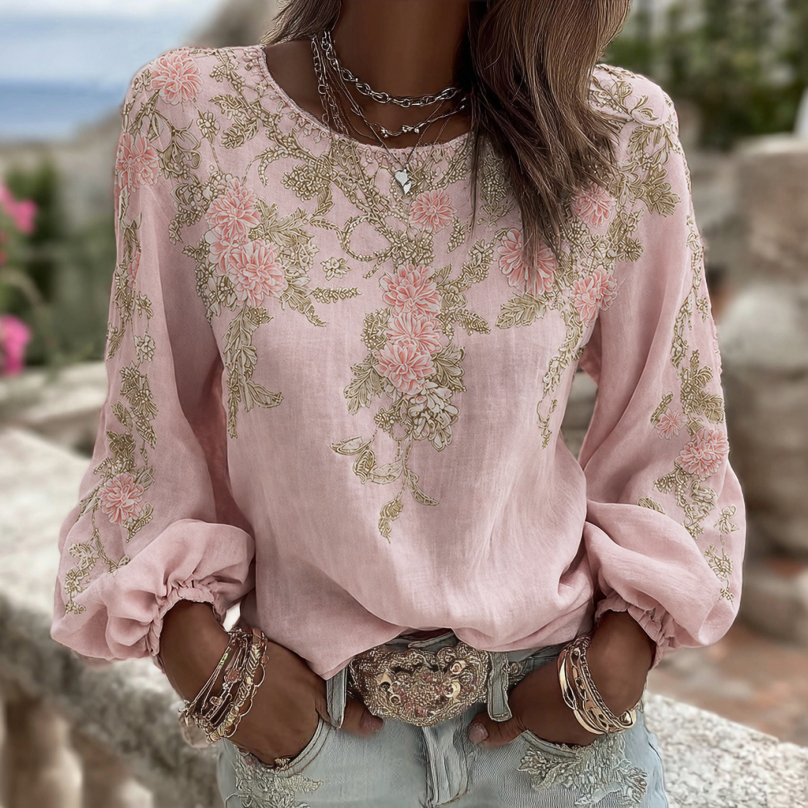 Women's Vintage Pink Rose Embroidery Art Round Neck Long Sleeve Linen Blend T-shirt elevenforest