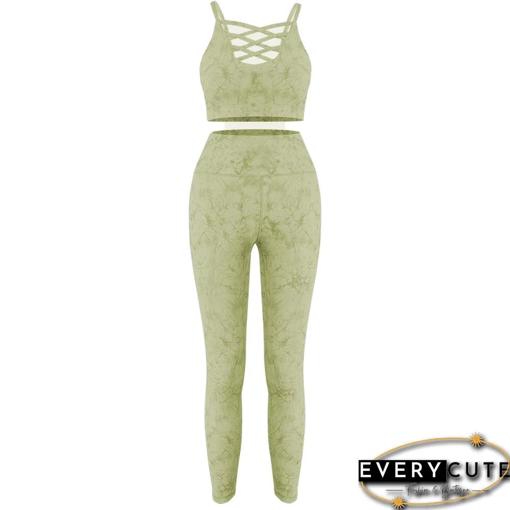 Light Green Tie Dye Print Front Criss Cross Bra with Pant Set