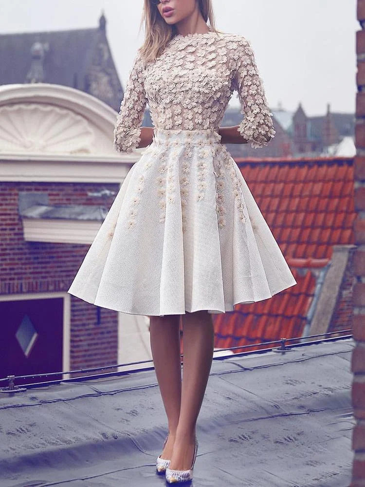 Promsstyle Promsstyle Embroidery flowers round neck apricot midi evening dress Prom Dress 2023