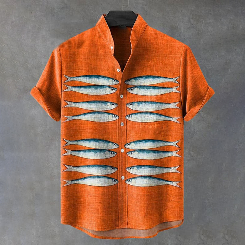 Men's Vintage Fish Art Print Casual Short Sleeve Shirt wearshes