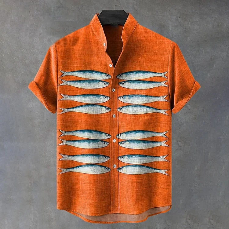 Men's Vintage Fish Art Print Casual Short Sleeve Shirt