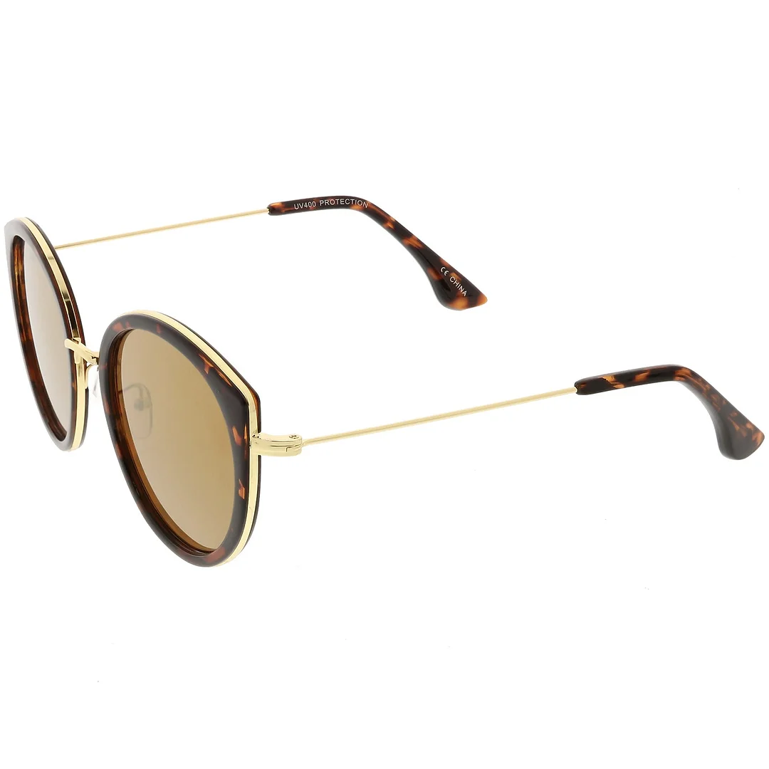 Modern Cat Eye glasses Metal Trim Round Colored Mirror Flat Lens 53mm