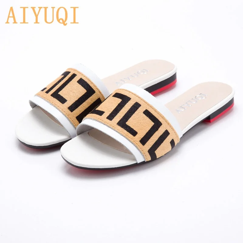 AIYUQI Women Slippers 2021 New summer Genuine Leather Flat Women slides  Mohair Casual Outdoor Slippers Women shoes