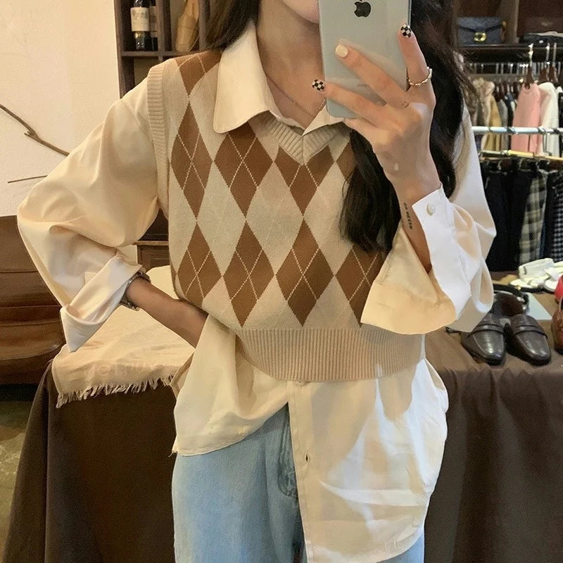 Autumn Fashion Female Vintage Plaid Sweater Vests Women's Tank Tops Knitted Crop Top Women Sleeveless Knitted Vest Waistcoat Aiertu