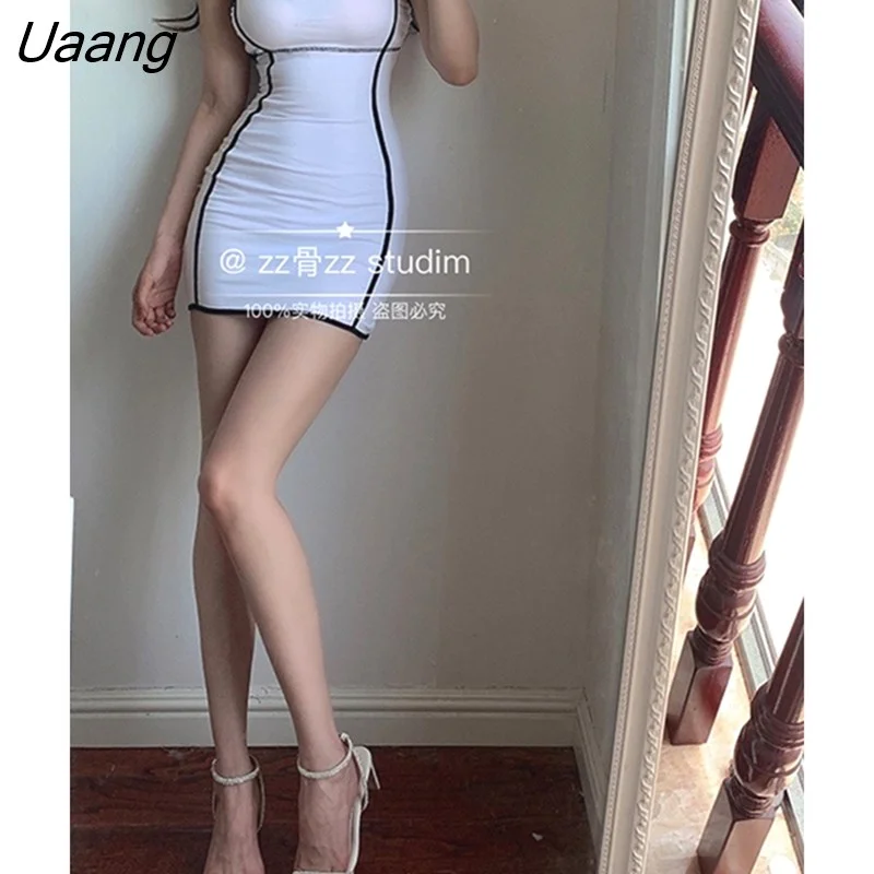 Uaang Summer New White Stripe Elegant Sexy Hip Mini Tank Dress Tops Skinny Hot Sexy Korean Women Dresses Backless Y2k 75F2