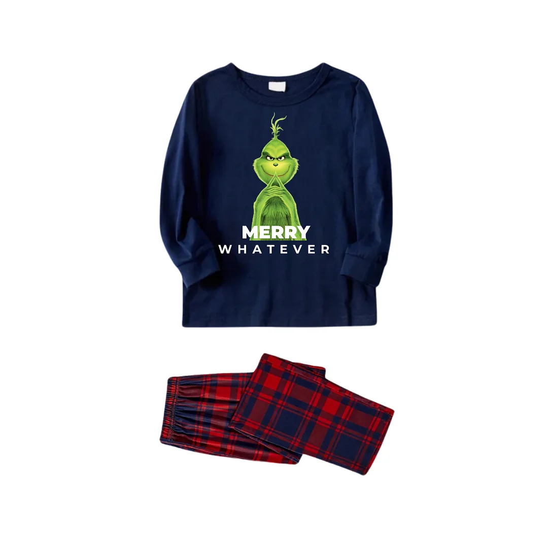 Cute Cartoon Pattern and "Merry Whatever" Slogan Printed Blue Top Red&Blue Plaid Pants Family Matching Pajamas
