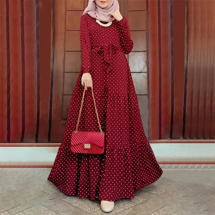 Vintage Polka-Dot Long Sleeve Round Neck Maxi Dress