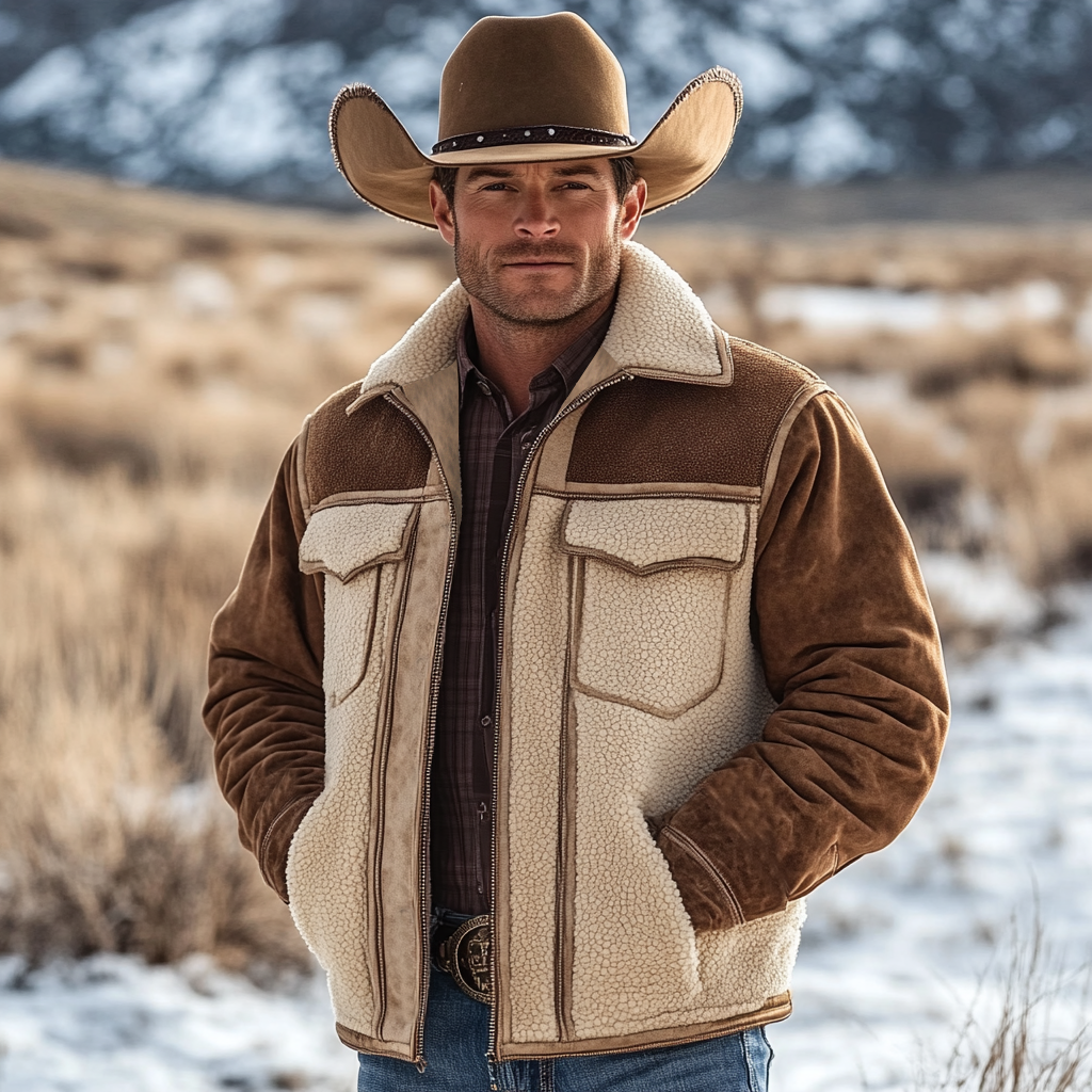 Men's Vintage Suede Patchwork Fleece Fur Lapel Collar Outdoor Bomber Jacket-inspireuse