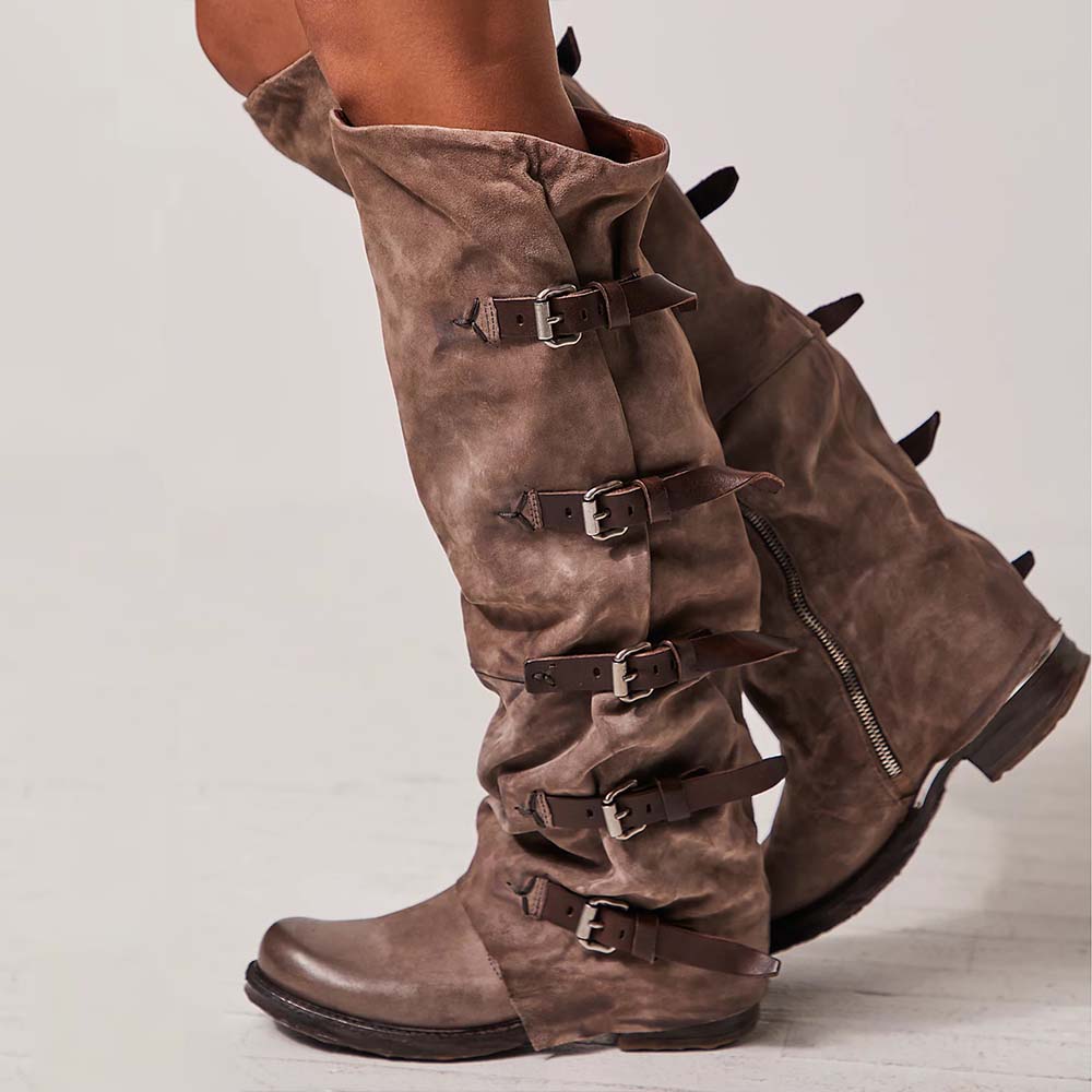Vintage Brown Round Toe Multi Buckle Strap Low Heel Slouch Boots