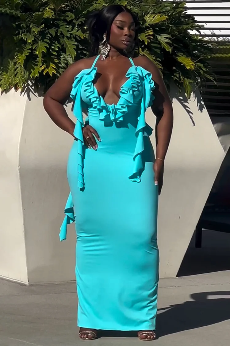 Halter V Neck Backless Ruffle Slim-Fit Party Maxi Dresses-Cyan [Pre Order]