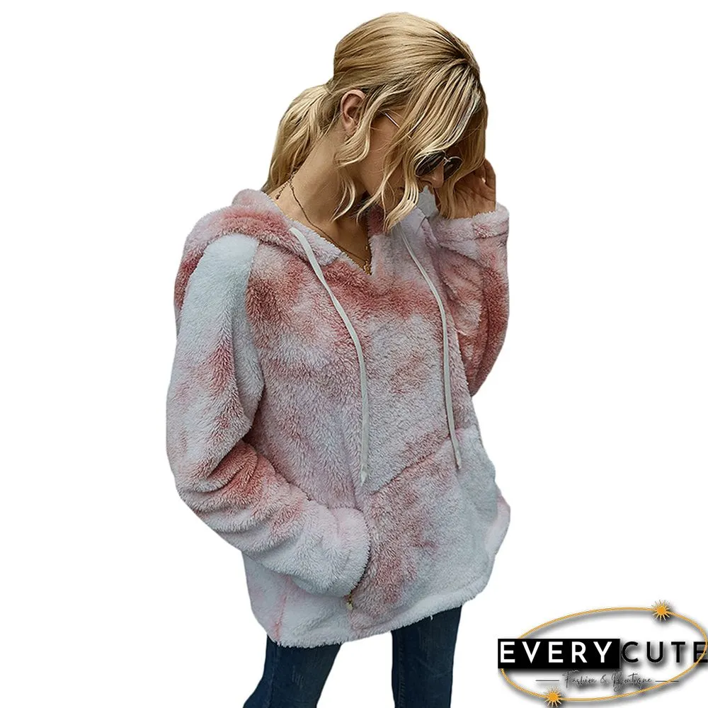 Light Pink Tie Dye Fuzzy Drawstring Hoodie