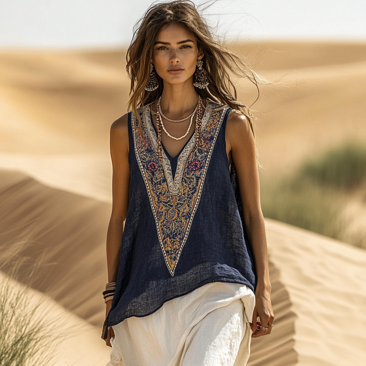 Women's Loose Bohemia Ethnic Style Linen Suspender Sleeveless Top