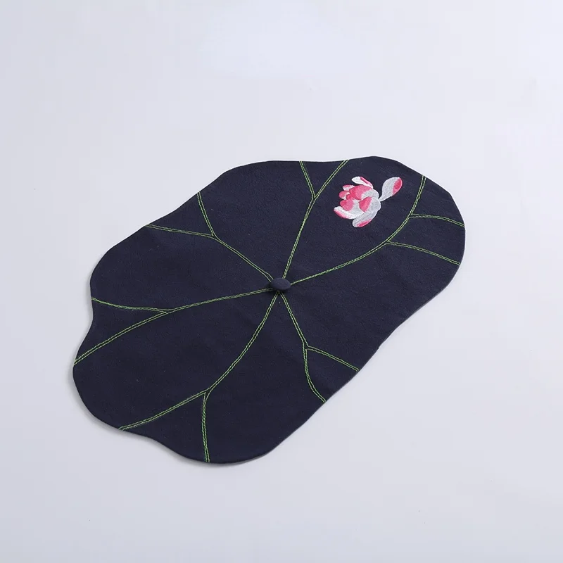 Hand-Embroidered Lotus Leaf Double Layer Placemats for Tea Time Cotton and Linen Chinese Style Table Flags