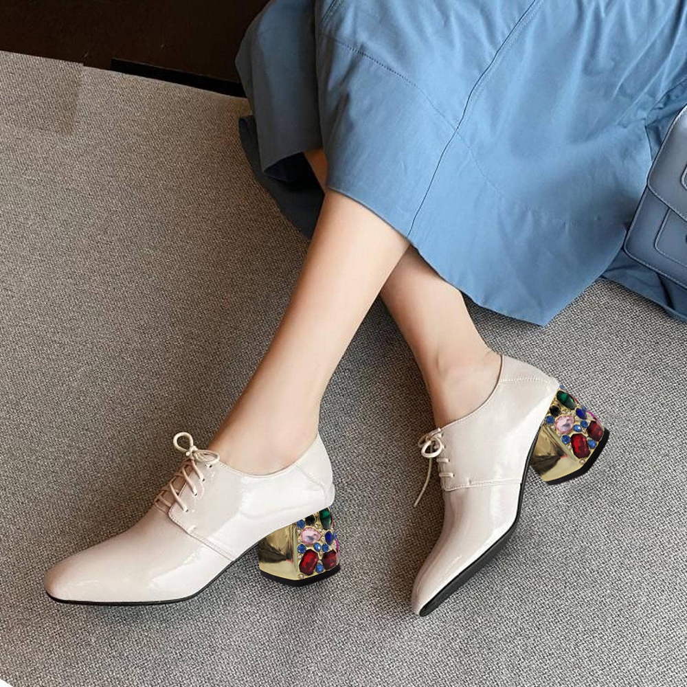 Beige Patent Leather Square Toe Decorative Heel Lace Up Oxford Shoes Nicepairs