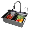 [US Local Warehouse] Stainless Steel Kitchen Sink with Pull-Out Swivel Faucet Double Waterfall Sinks