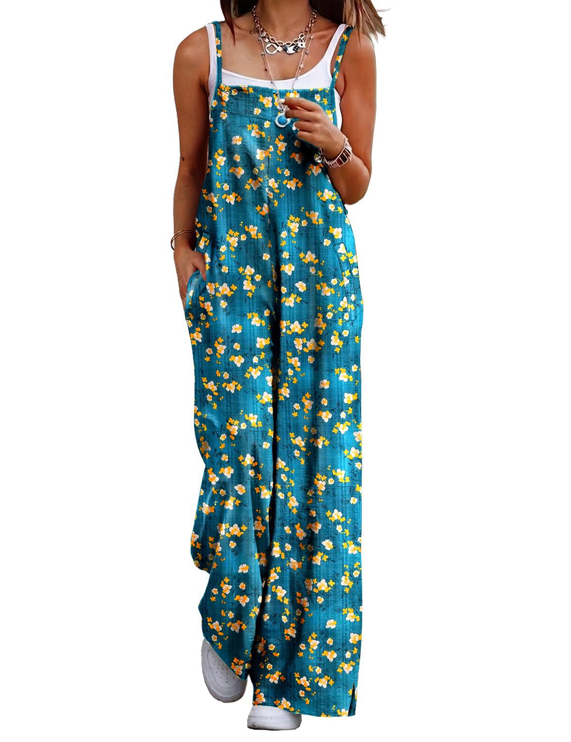Cczzt Casual Loose Print Pocket Beach Holiday Jumpsuit Women Fashin Sleeveless Spaghetti Summer Wide Leg Pant Rompers Ladies 2025