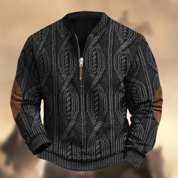 Men's Vintage Country Western Cashmere Knitt Print Zipper Stand Collar Casual Sweatshirt