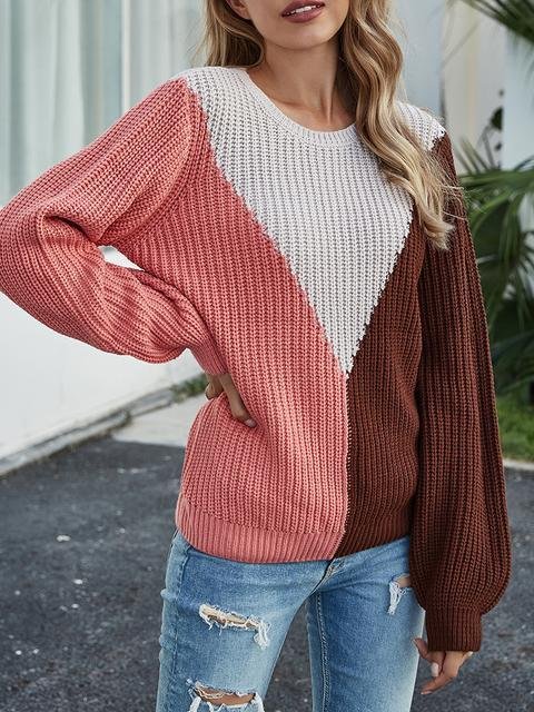 Color Block Knitting Jumper Sweater-elleschic