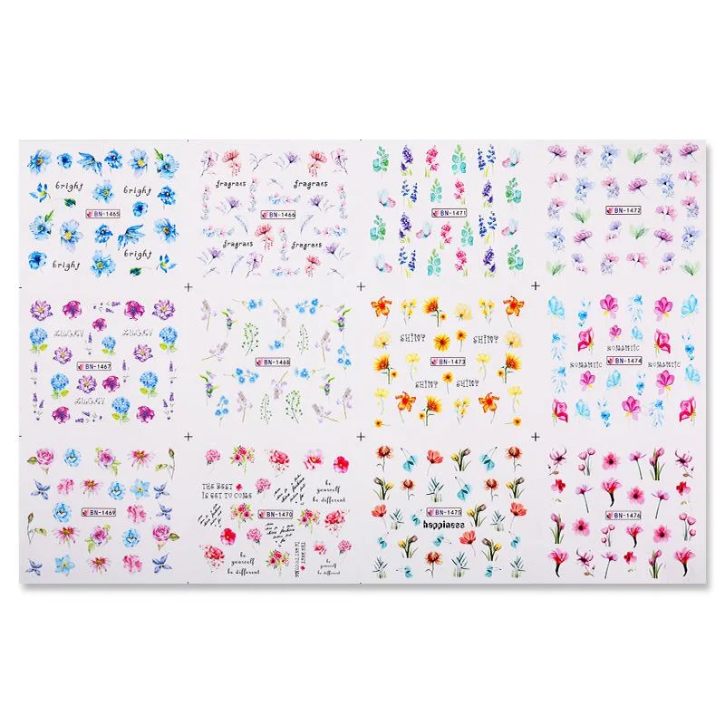 12Pcs Leaves Flowers Design Water Decals Stickers For for Nails Inscriptions Nail Art Decoration Tips-Nail Inspo