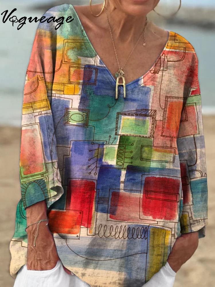 Fashion Watercolor Hand-Painted Lines 3/4 Sleeves Printed Cotton And Linen Shirt