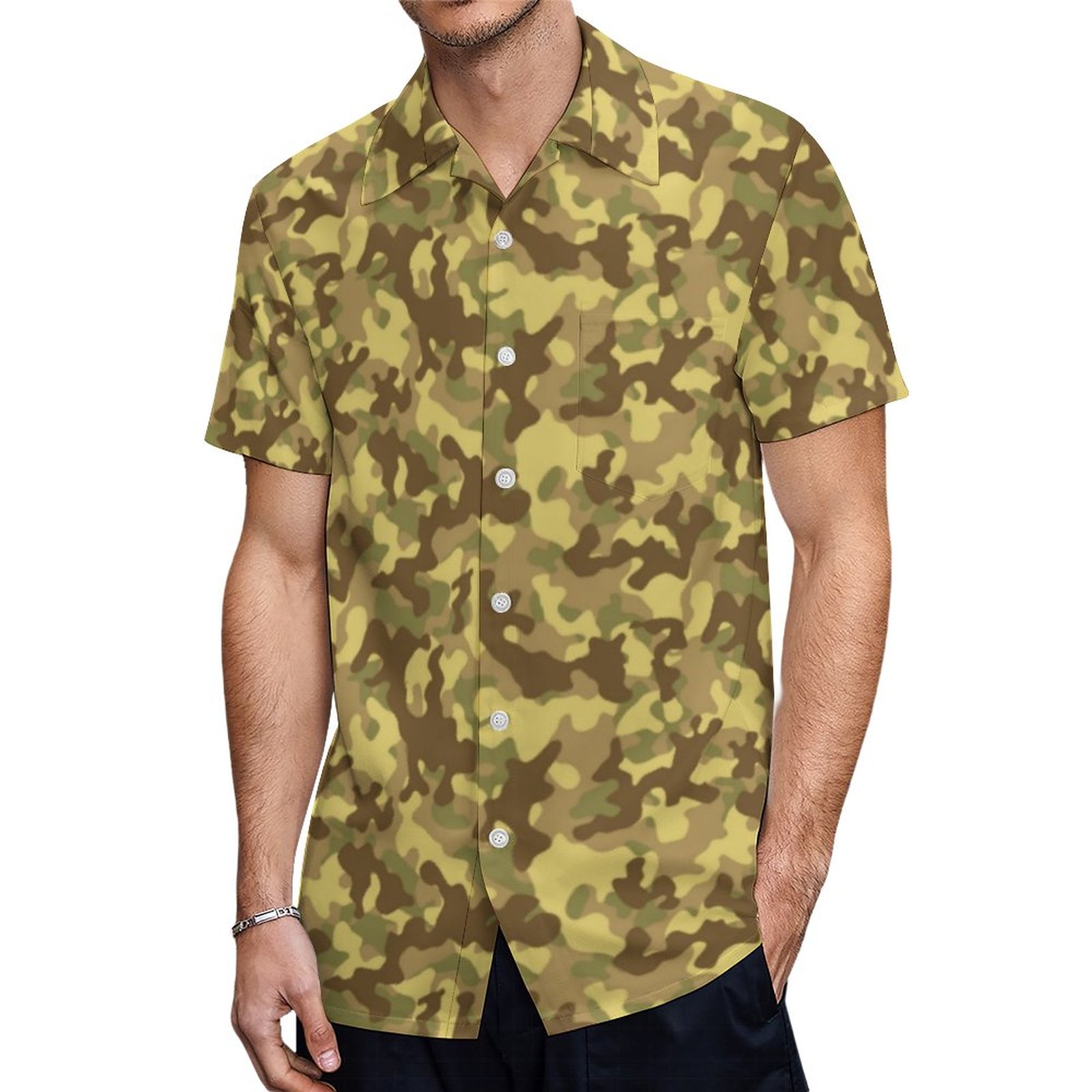 Green Brown Yellow Khaki Camouflage Hawaiian Shirt Mens Button Down Plus Size Tropical Hawaii Beach Shirts