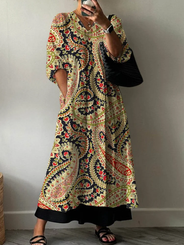 Women's Vintage Lovely Floral Art Print Pocket V-neck Cotton Dress
