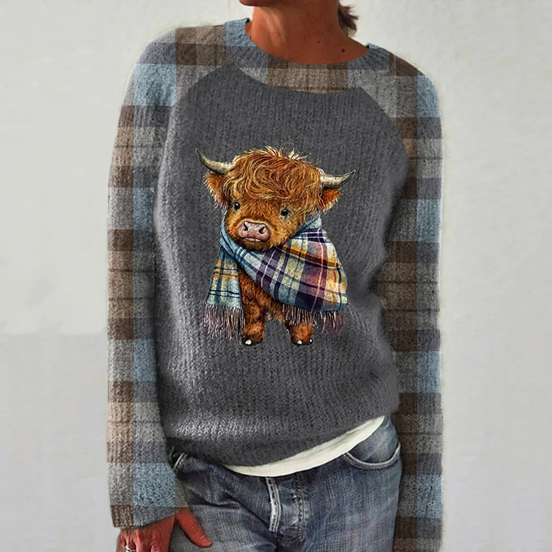 Vintage Highland Cow Plaid Raglan Crew Neck Sweatshirt