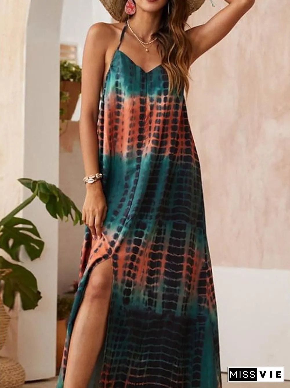Women's Strap Dress Maxi long Dress Sleeveless Color Block Backless Summer Casual  Blue One-Size