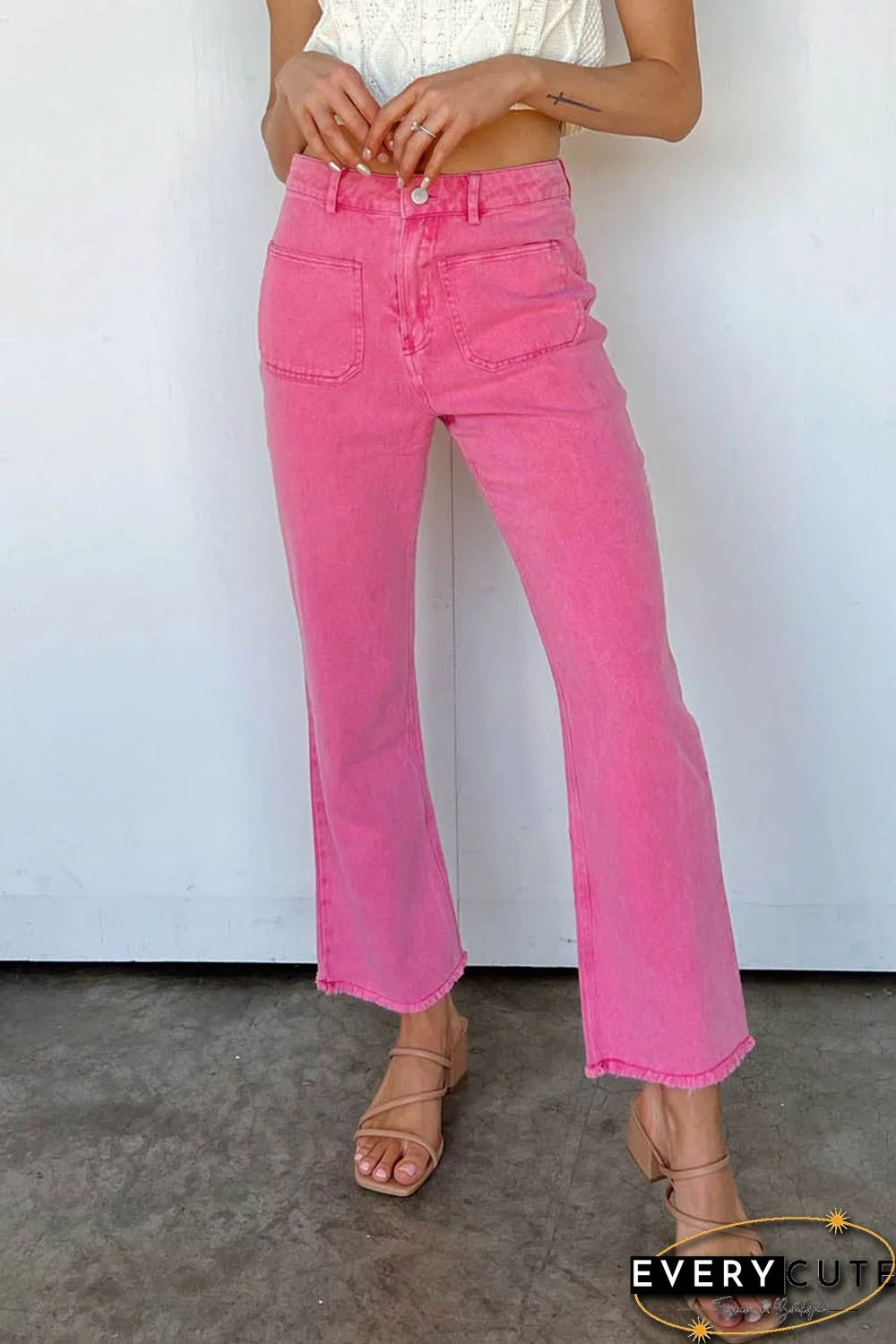 Pink Ankle-length Flare Leg Raw Hem Jeans