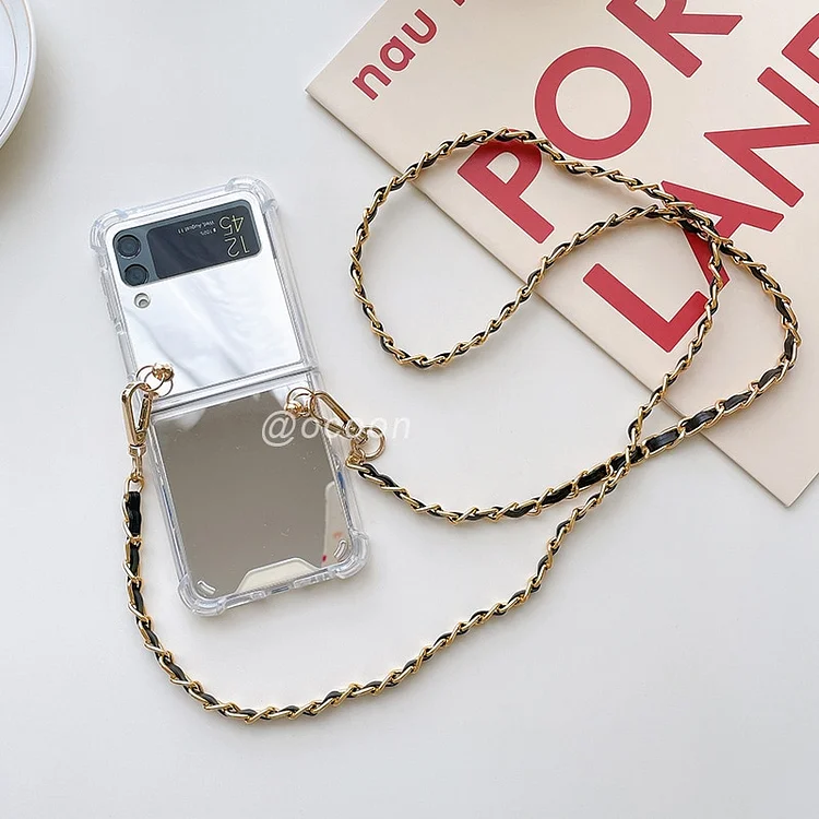 Mirror Crossbody Case For Samsung Galaxy Z Flip 3 4 Cover Fashion Makeup Necklace Lanyard Strap Chain Shockproof Capa For Flip5