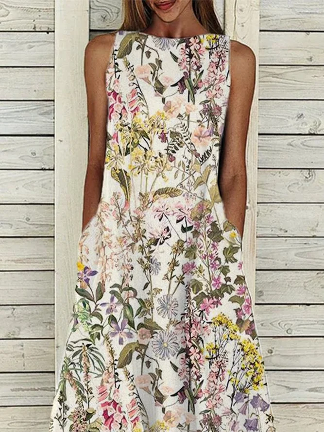 Short Sleeve Plants Statement Polyester Cotton Dresses
