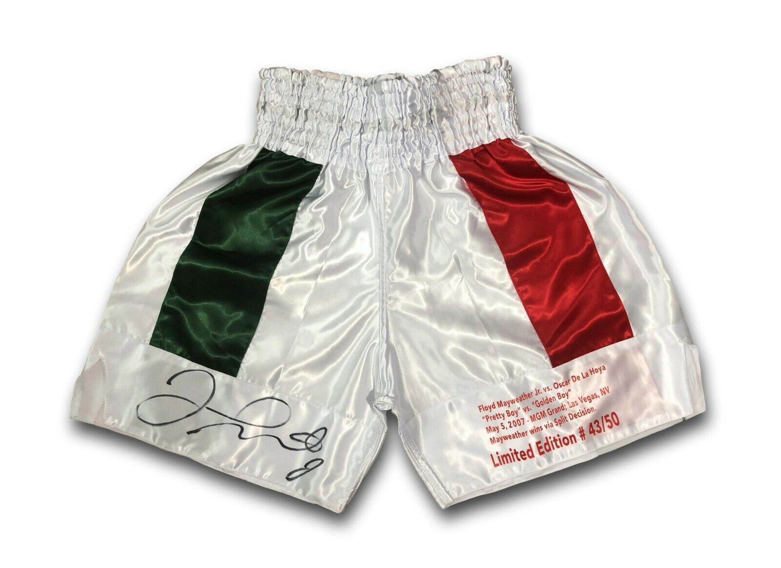 Floyd Mayweather Jr Signed vs. De La Hoya Boxing Trunks #D/50 BAS COA w/ Stat