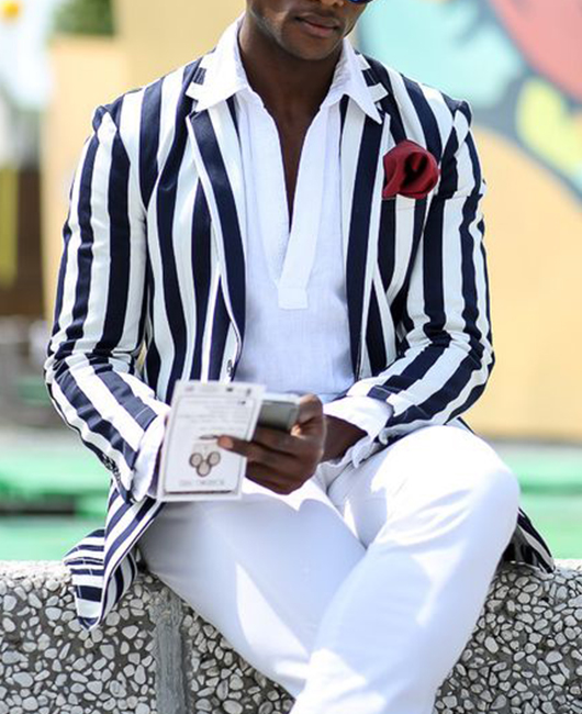 OK Casual Black & White Striped Notch Lapel Slim Fit Blazer