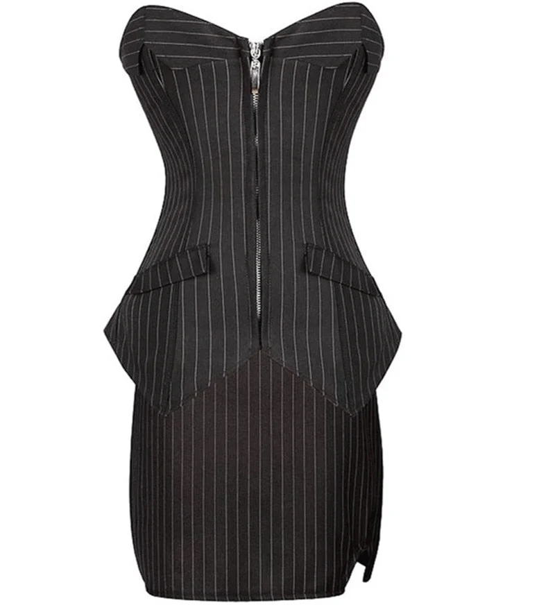 Sapubonva Bustier Corset Skirt Dress Sexy Black Pinstripe Corselet Overbust Office Lady Lace Up Costume Plus Sizs zip Corsets