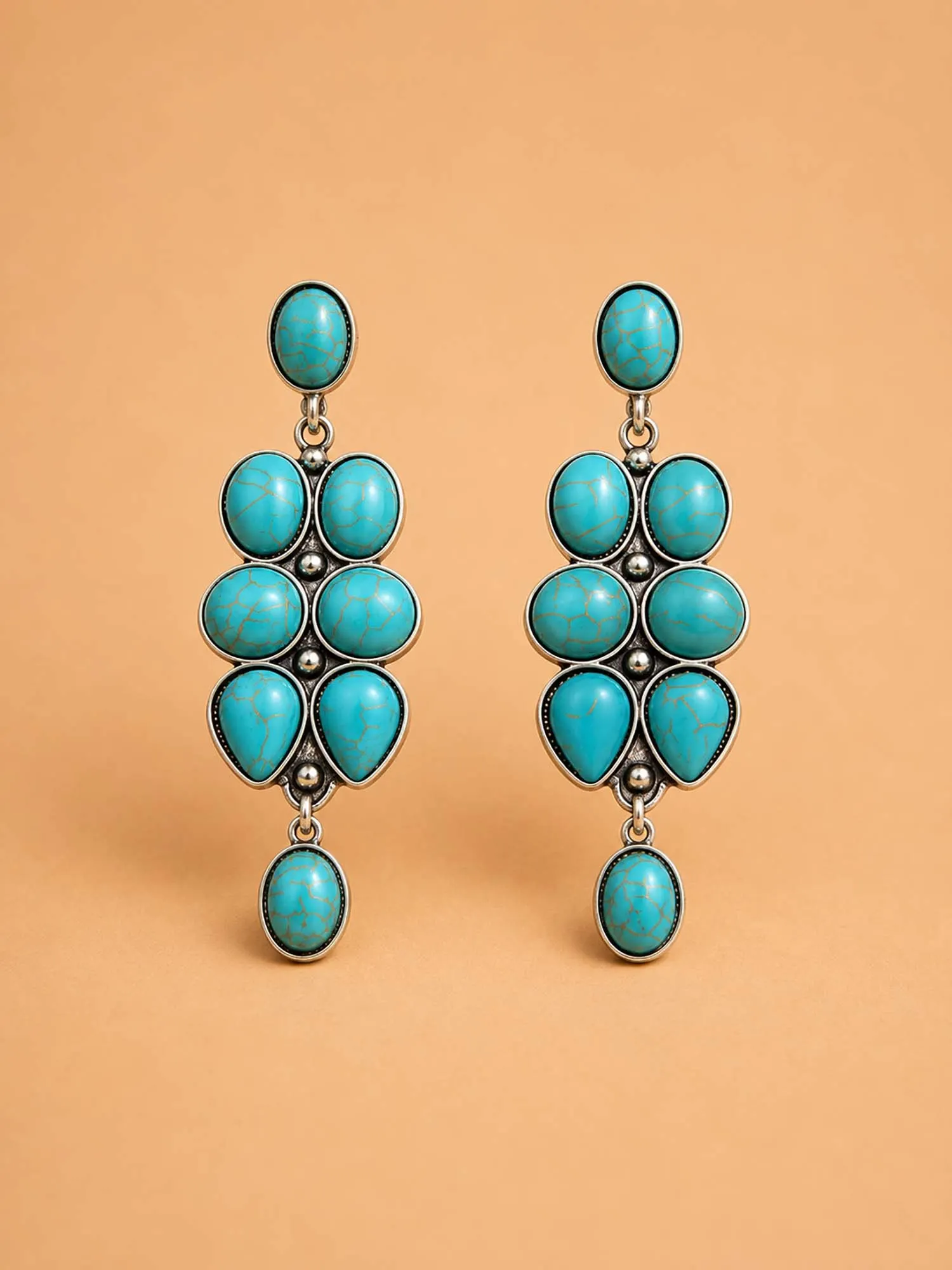 Western Turquoise Filigree Drop Earrings Set | Vintage Hollow Teardrop Dangle Earrings