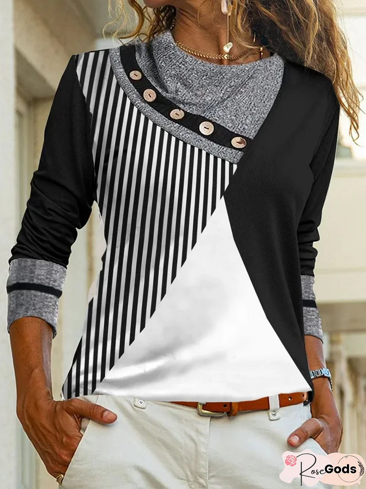 Shawl Collar Geometric Casual Loose Color Block Tops