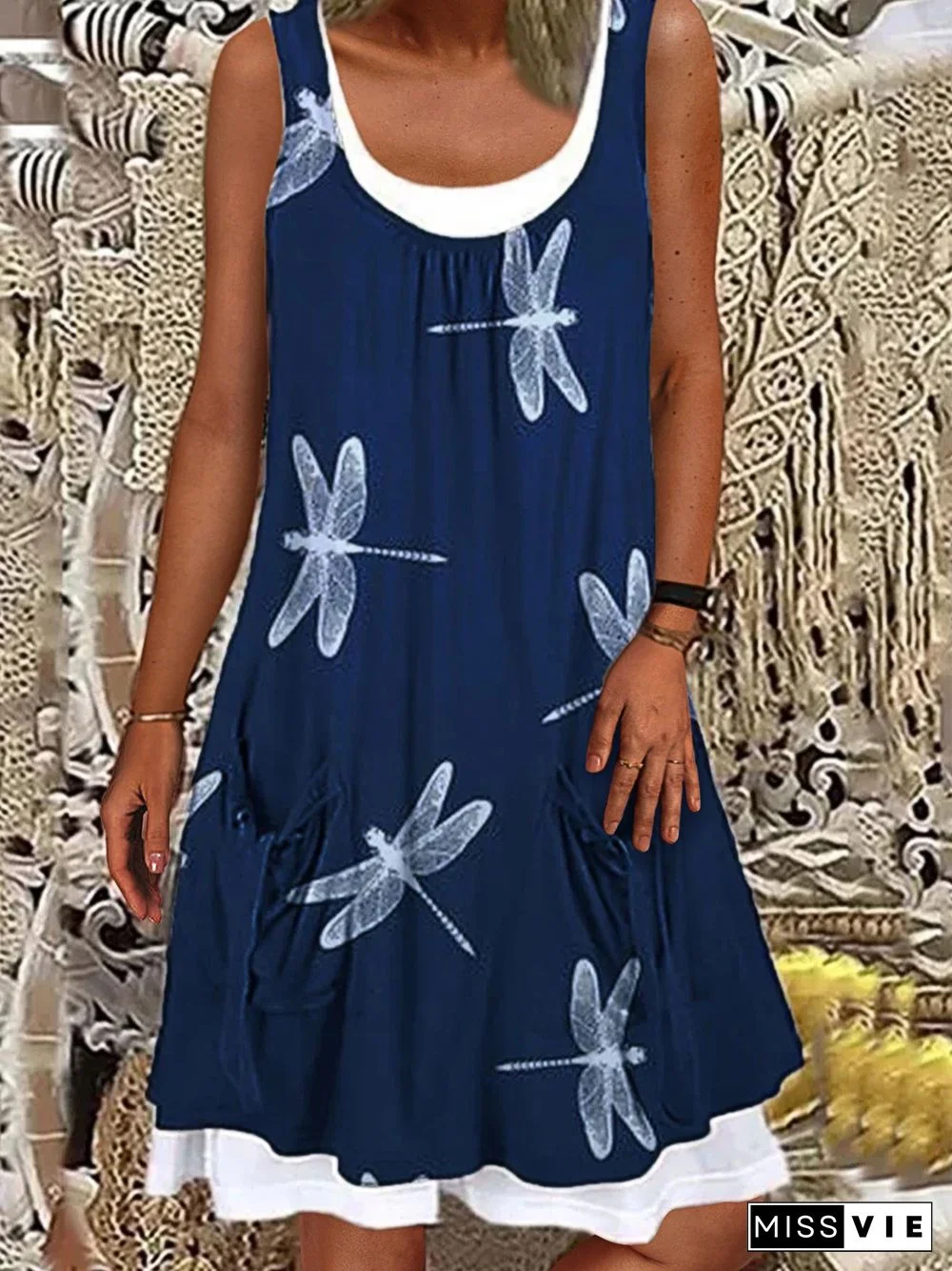 Women Summer Casual Cotton Printed Sleeveless Linen Dresses(Contains lining)