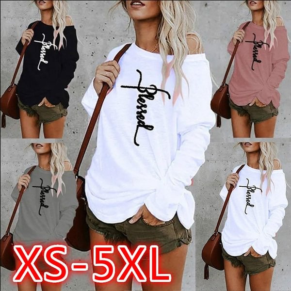 New Autumn And Winter Fashion Women Blessed Letter Printed Long Sleeve Sweatshirt Round Collar Loose Blouses Pullover Tops Jumpers - Chicaggo